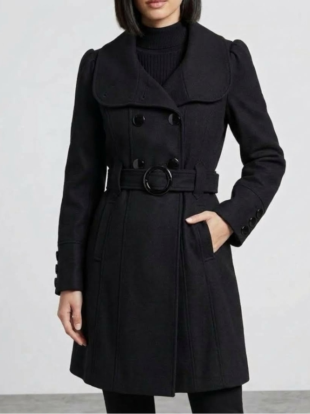 GUESS Los Angeles Black Double-Breasted Wool Blend Belted Coat Size S